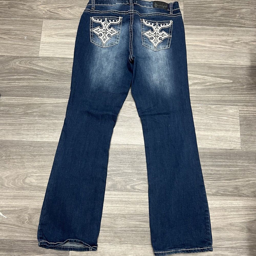 Vintage Y2K Jeans Womens 32x31 Blue Flare Mid Rise‎ Faded Dark Wash Punk Grunge